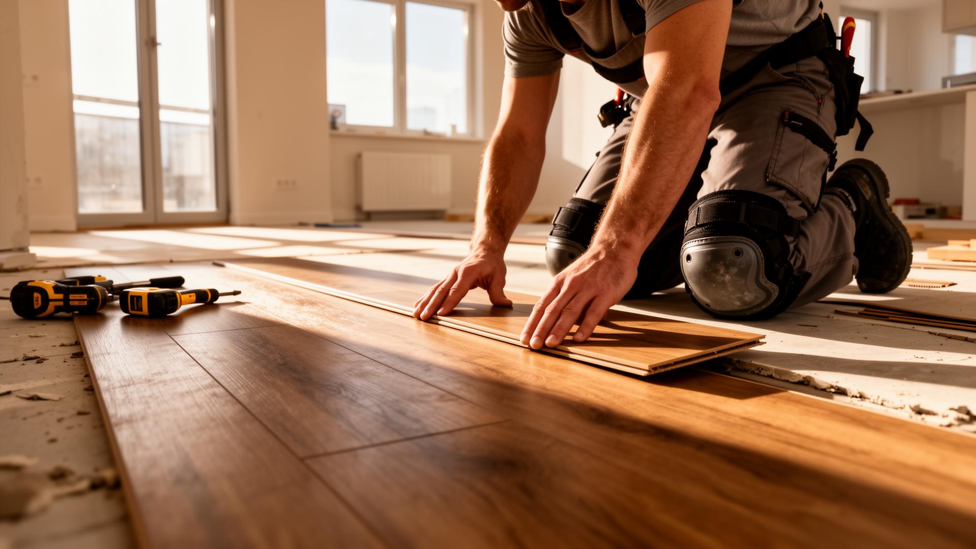 Flooring installer laying luxury vinyl plank